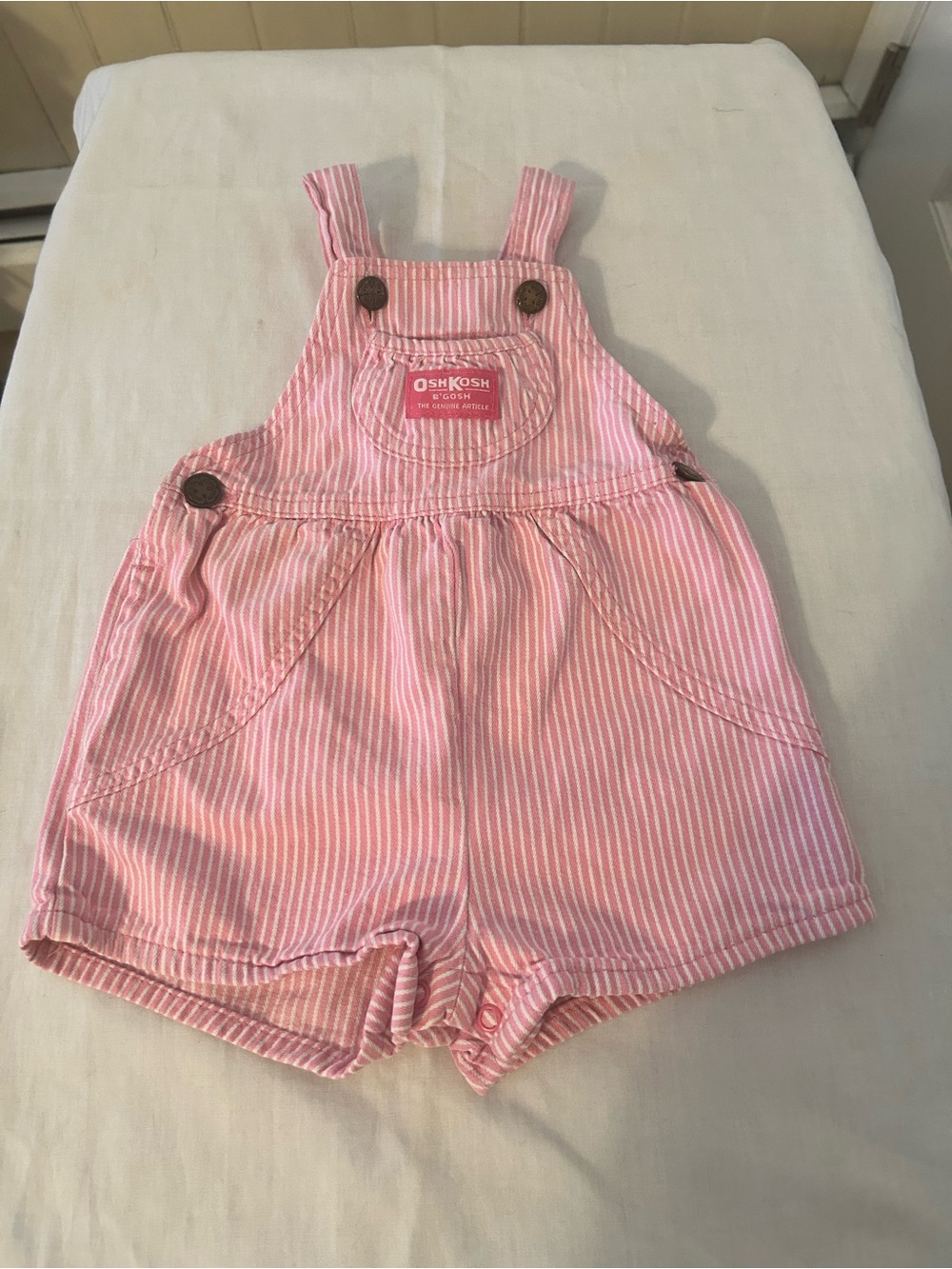 VTG 1993 OshKosh B'gosh Pink/White Railroad Stripe Shortalls/Size 2T Made In USA